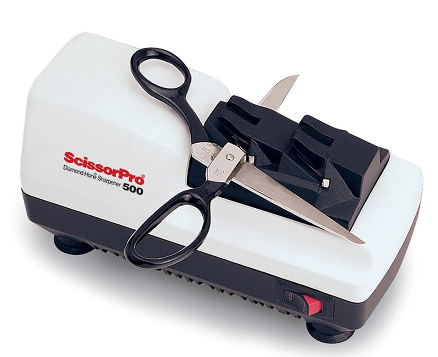 The ScissorPro® electric scissors sharpener uses 100% diamond abrasives and  built-in precision angle guides to help you quickly and easily apply  professional quality edges. It sharpens a wide variety of household scissors
