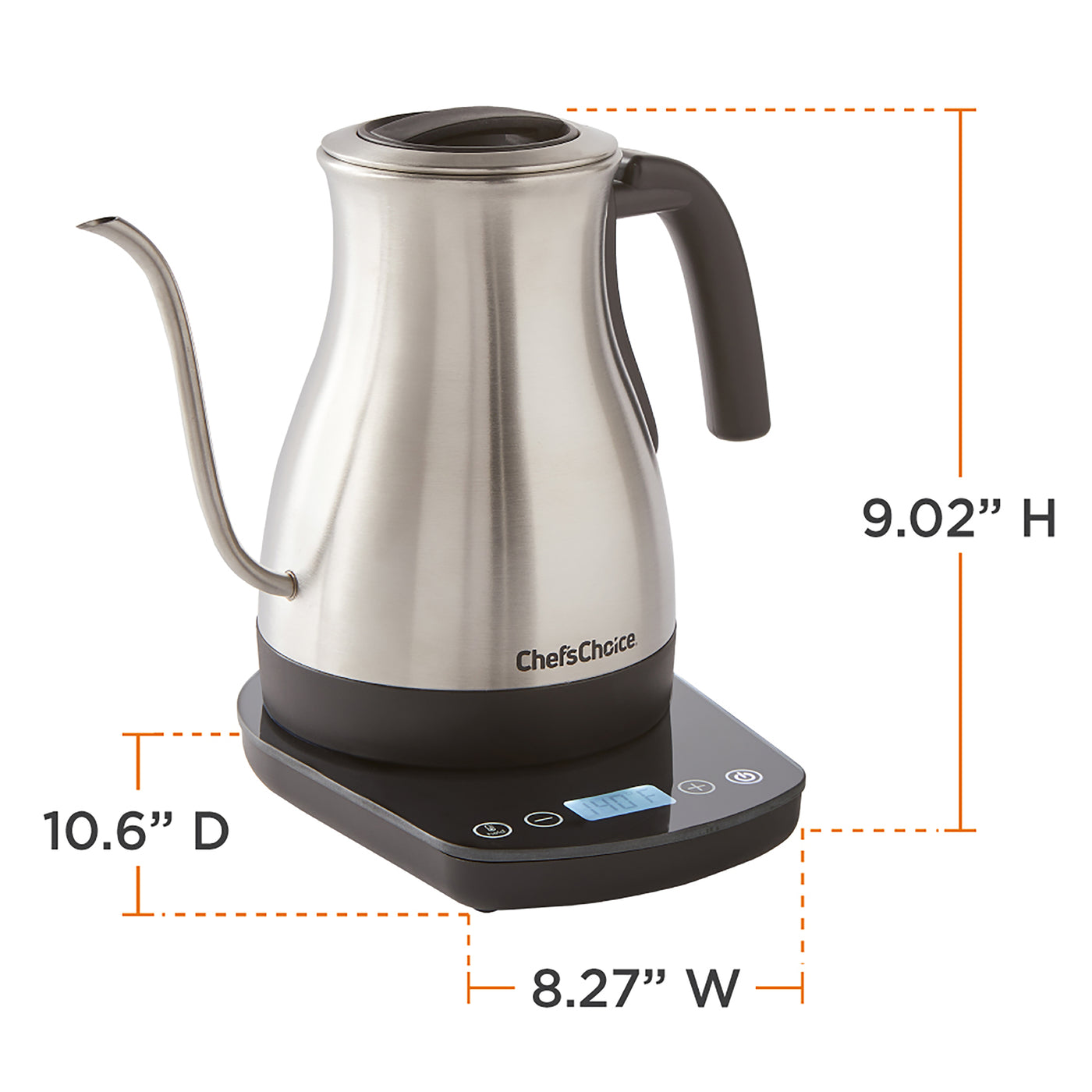 The Chef'sChoice Gooseneck Pour Over Electric Kettle boils water to the  exact degree faster than a microwave or stovetop. The unique gooseneck  spout allows for predictable accurate pouring when used for a