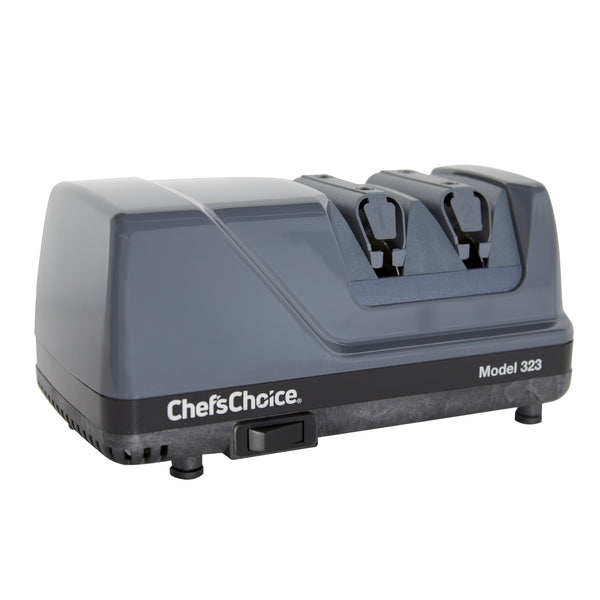 The Chef'sChoice Model 323 Commercial Electric Knife Sharpener is a  cost-effective alternative to sharpening services for small commercial  kitchens, delicatessens and caterers. This professional two-stage Diamond  Hone knife sharpener sharpens both