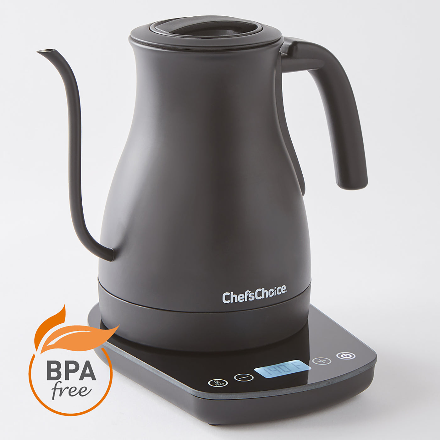 Boil water to the exact degree with the 1200 watt Chef'sChoice Gooseneck  Electric Kettle with digital temperature controls. Keep warm feature  maintains water temperature. Easy-access top opening for easy filling.  Comfortable handle.