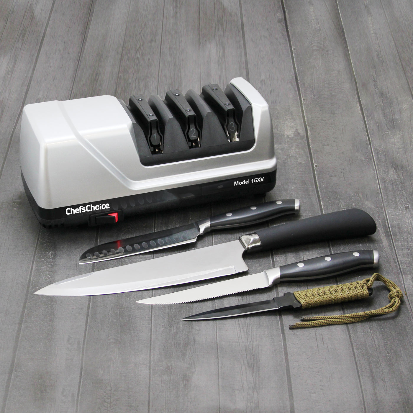 The 15XV professional 3-stage electric knife sharpener is the