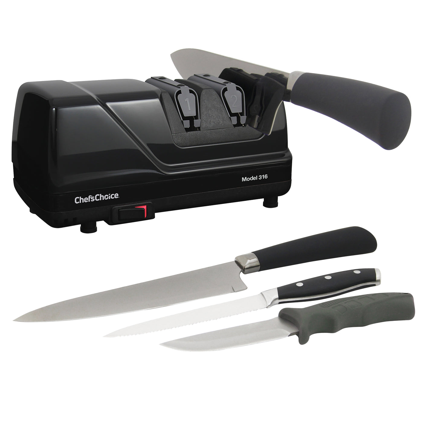 Keep your knives sharp and cutting like new with the Chef'sChoice Model 316 Electric  Knife Sharpener. The Chef'sChoice Model 316 has two sharpening stages that  sharpen the edge at 15 degrees. Both